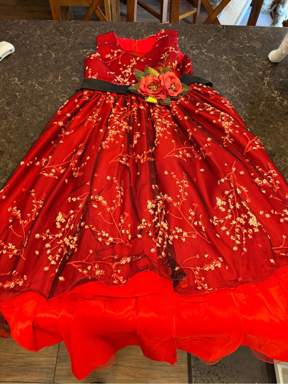 Girls' Red Floral Appliqué high low Party Dress